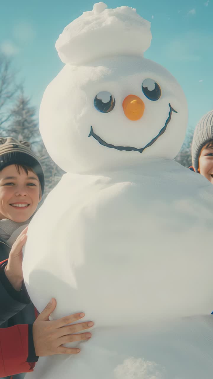 Vertical video: Steadying snowman, boys in beanies smiling in park, camera zooming to reveal carrot