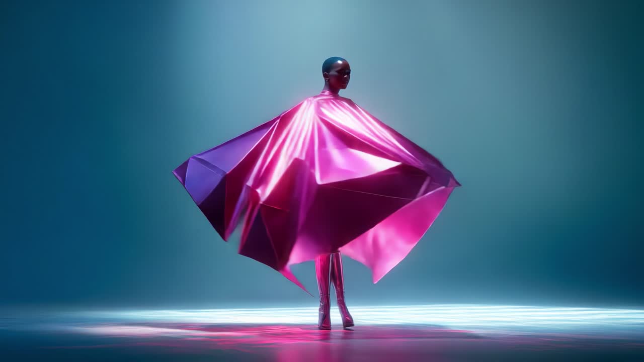 En slående og dynamisk visuel repræsentation af en figur draperet i en levende pink kappe, der fremviser indviklede refleksioner og teksturer, sat op mod en blød og æterisk baggrund, der fremkalder en følelse af kunst og mode