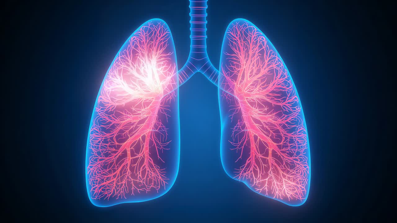 Immagine di polmoni al neon che pulsano con fotogrammi che avanzano in arte clinica, raffiguranti il flusso pulsante nei bronchi