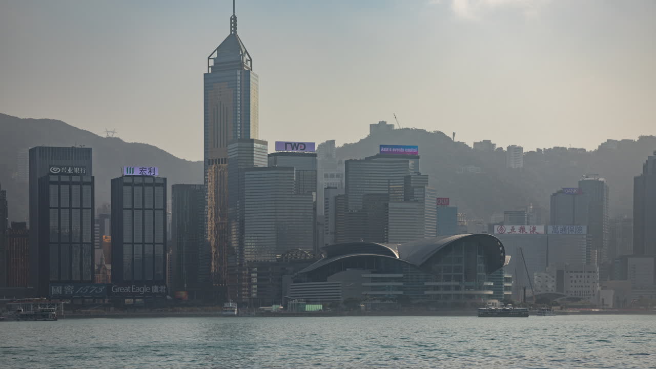 HONG KONG - 19 MARCH 2025 : Hong Kong Central city skyline filmed from across the harbour in kowloon