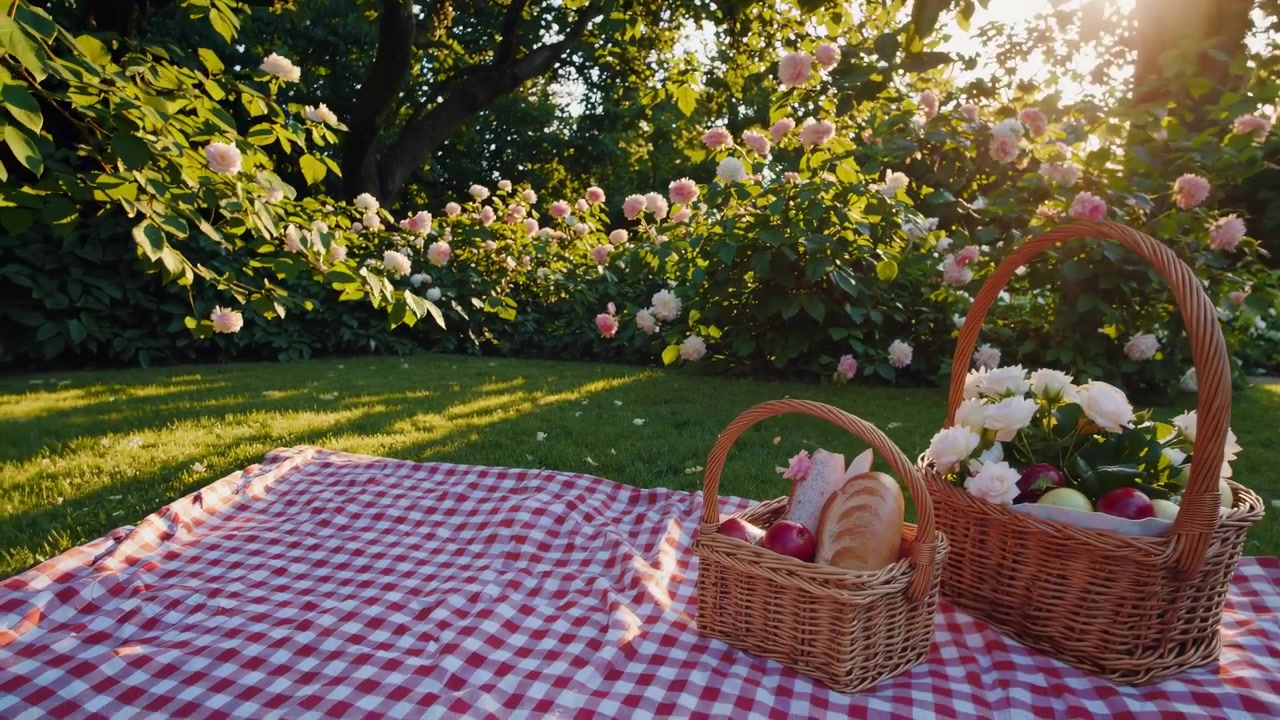 Allestimento idilliaco per picnic con cesti e rose in un giardino soleggiato