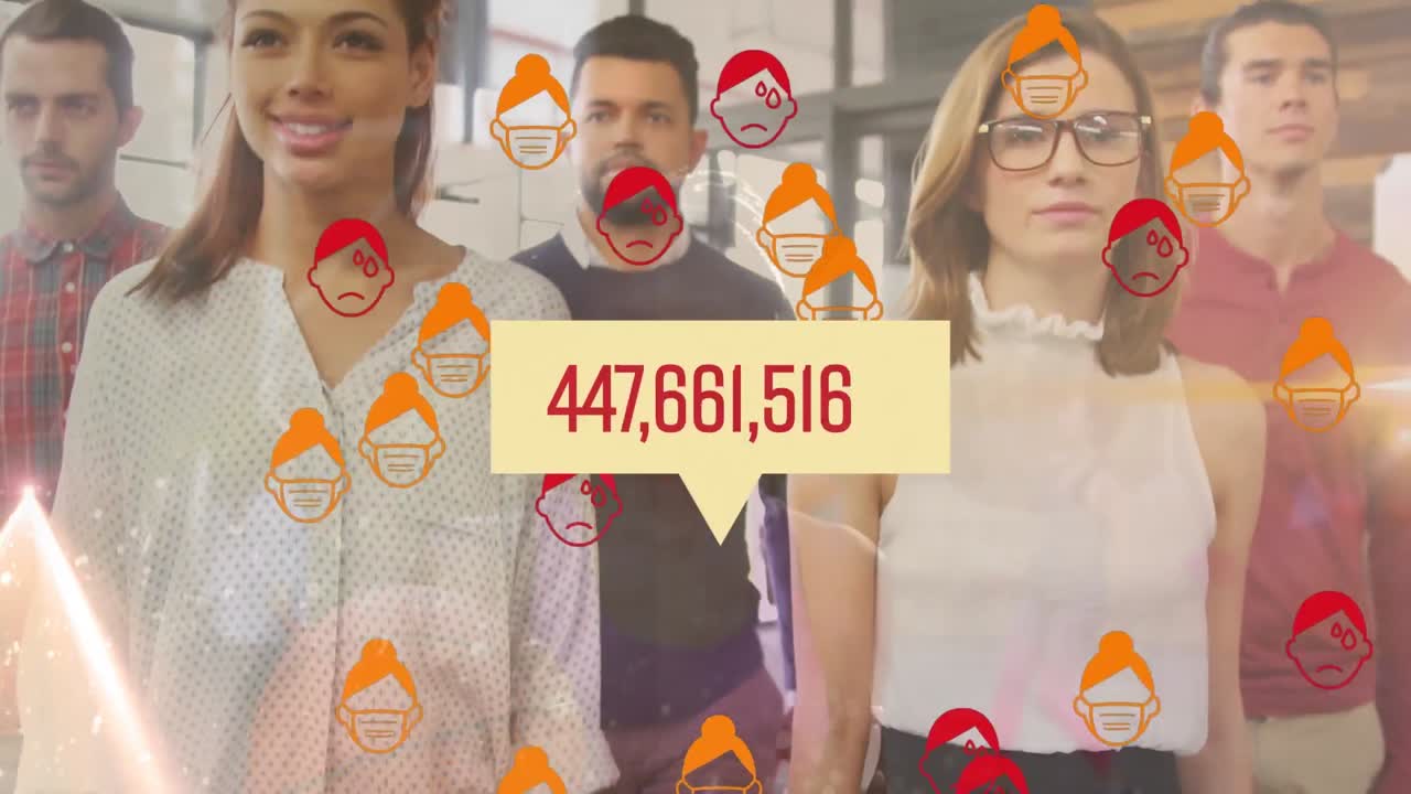 анимация обработки данных о ковид-19 и иконы, носящие маски для лица над бизнесменами