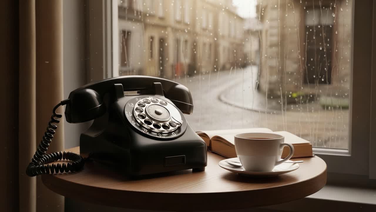 A Cozy Vintage Phone and Coffee Scene by the Window with Raindrops, Evoking Nostalgia and Serenity During a Rainy Day at Home