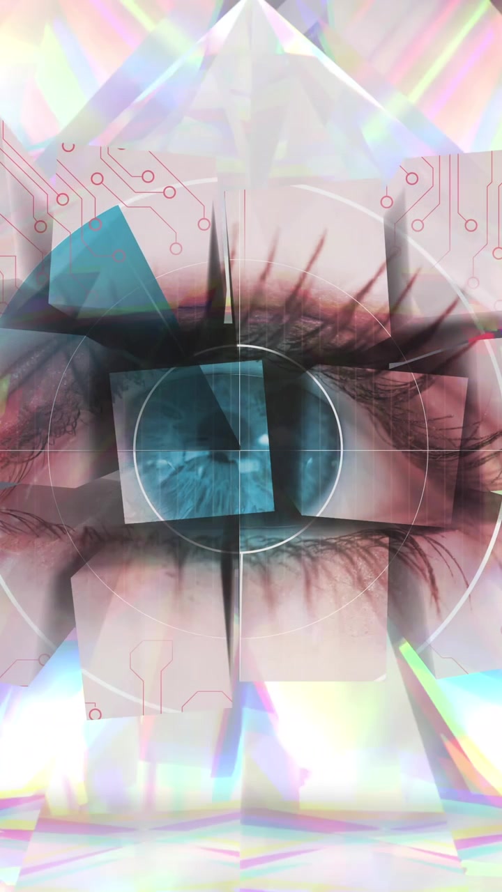 Animation of scope scanning with cubes and eye over glowing crystals