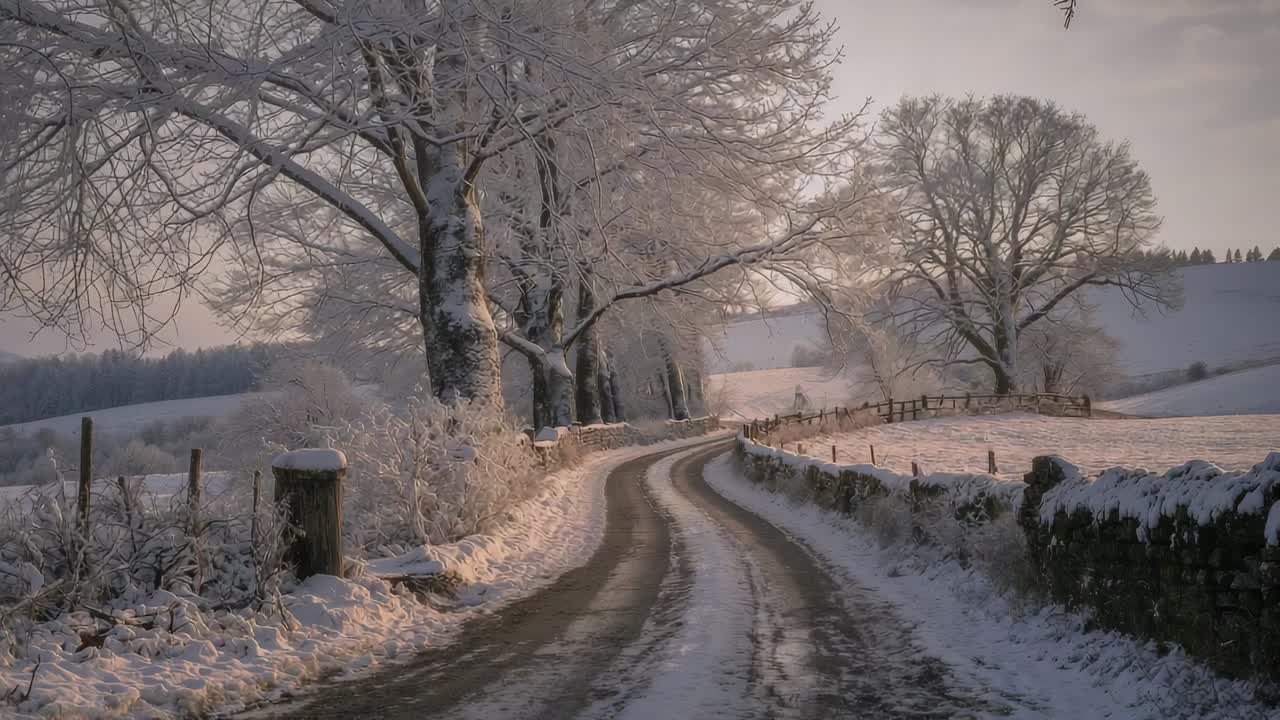 Luce soffusa che rivela un sentiero innevato e tortuoso che serpeggia attraverso i terreni agricoli, con doppie tracce di pneumatici
