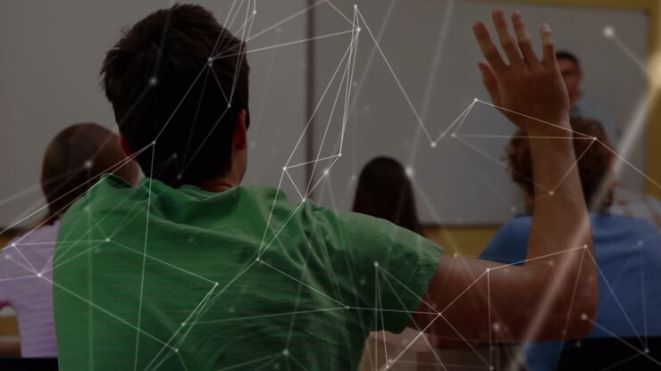Animation of network of connections over male teacher with students