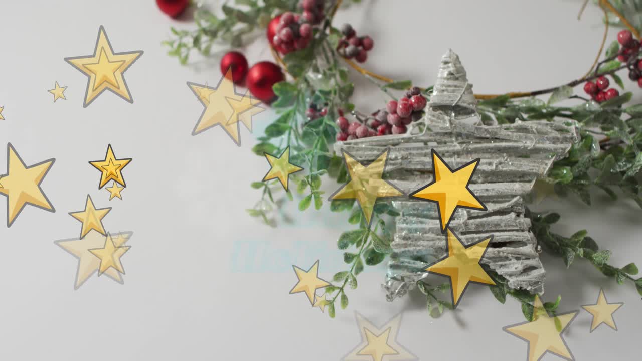 Animazione di testo 'Buone Feste' e stelle su decorazioni