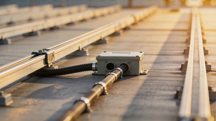 Moving camera capturing rectangular junction box on rooftop, tightening focus on armored cable