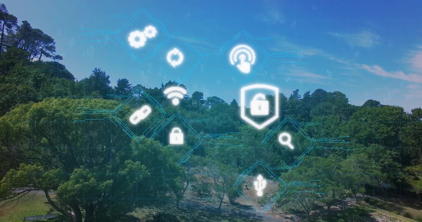 Digitale bits dukker op og danner et sikkerhedsikon, netværket glitcher og opløses til støv, hvorefter en bjergside gendannes.