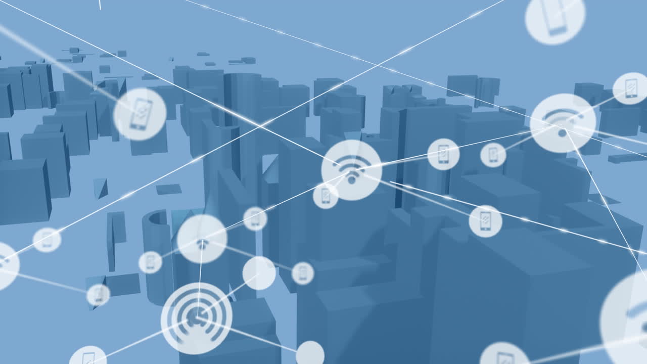 Animation of network of connections with icons over digital city on white background