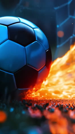 a soccer ball is on the ground with a net behind it. the ball is surrounded by fire, giving the image a dramatic and intense mood