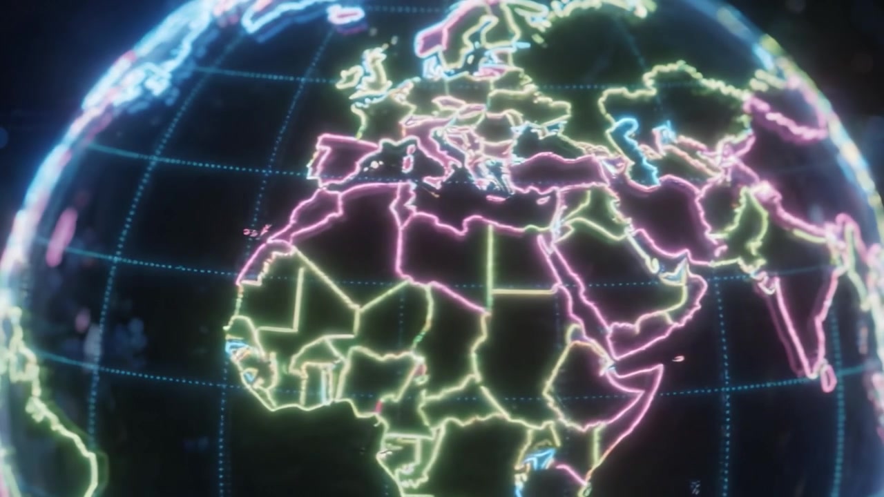 A Stunning Visual of a High-Tech Globe Illuminated with Neon Colors, Showcasing the Earth's Continents and Oceanic Borders in an Engaging Digital Format