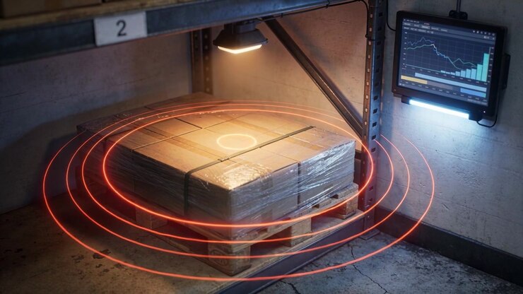 Scanning wooden pallet wrapped boxes at shelf 2, orange glow starting inventory scan, tablet charts