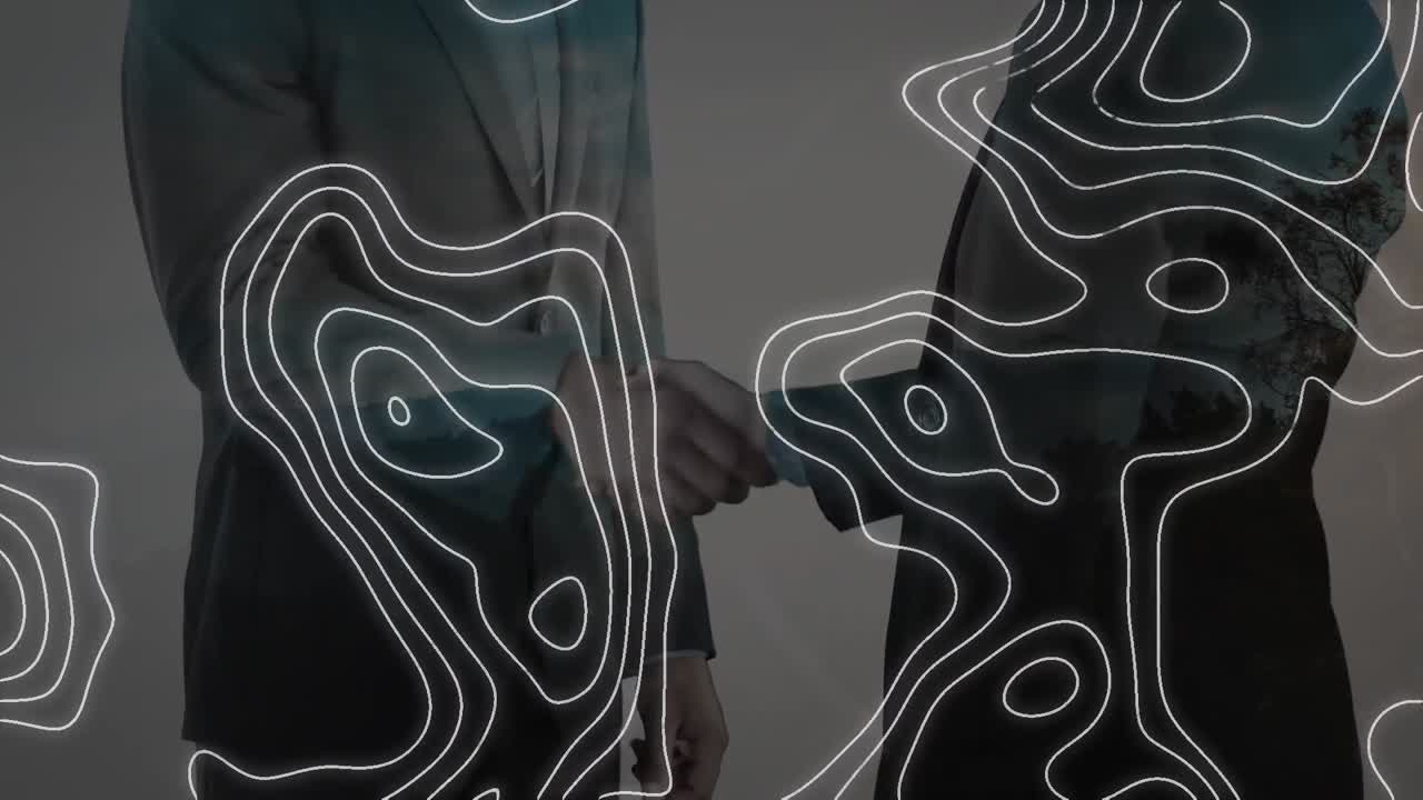 Animation of white map lines over businessman handshake