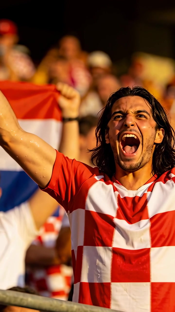 Video vertical: Fanático gritando levanta el brazo tras un gol en las gradas, con camiseta rojiblanca y bandera.