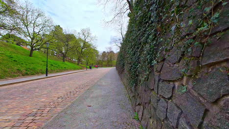 Walking-along-stone-wall-with-ivy-on-cobblestone-street,-point-of-view