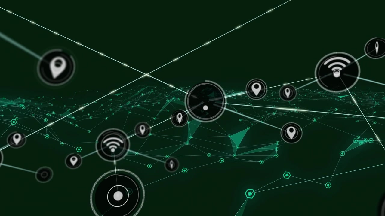 Animation of network of connections with icons over green background