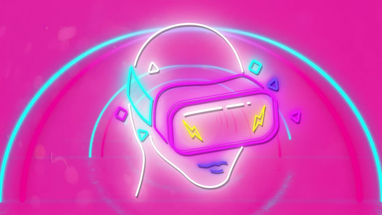 Animazione di una testa al neon che indossa un visore VR su uno sfondo al neon vibrante