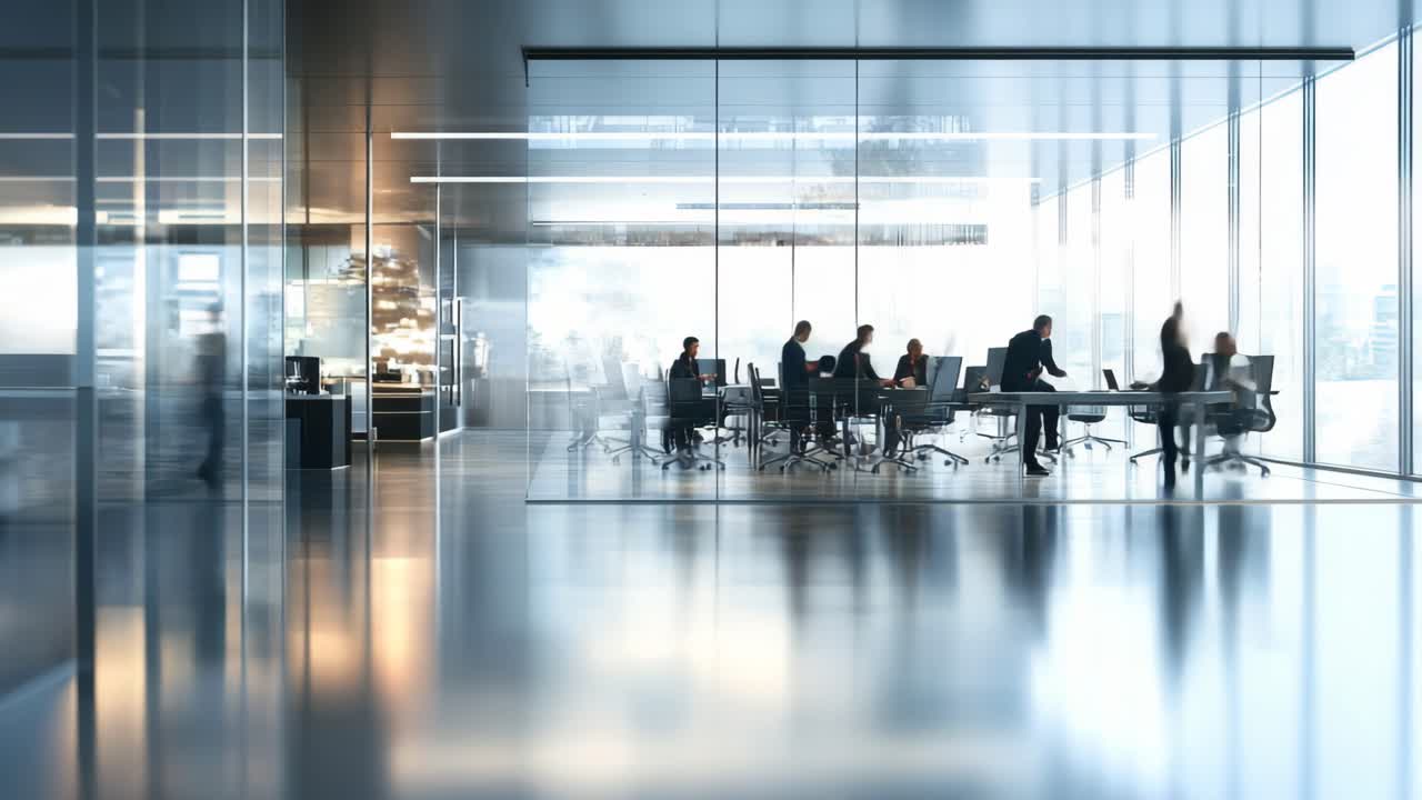Modern office scene with a wide-angle view, capturing a glass-walled meeting room