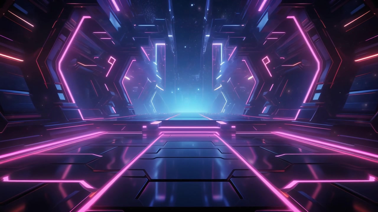 Futuristic Sci-Fi Corridor with Glowing Neon Lights and Digital Tunnel