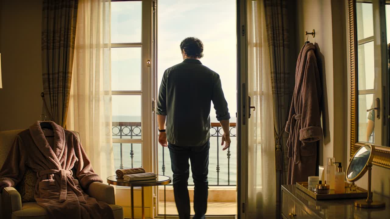 Aprendo una porta-finestra, con la mano sulla maniglia, un uomo in camicia in una suite scosta una tenda trasparente, osservando il mare.