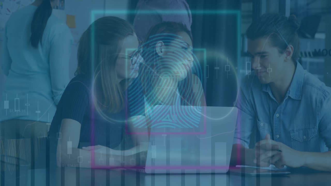 animación del procesamiento de datos estadísticos sobre diversos colegas discutiendo sobre una computadora portátil en la oficina