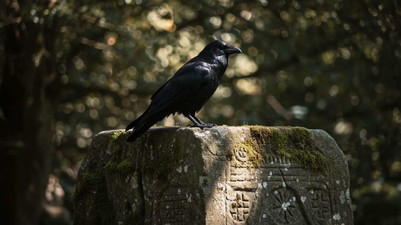 A Majestic Raven Perched on an Ancient Stone, Surrounded by Lush Forest, Capturing the Essence of Nature's Beauty and Wilderness in a Serene Atmosphere