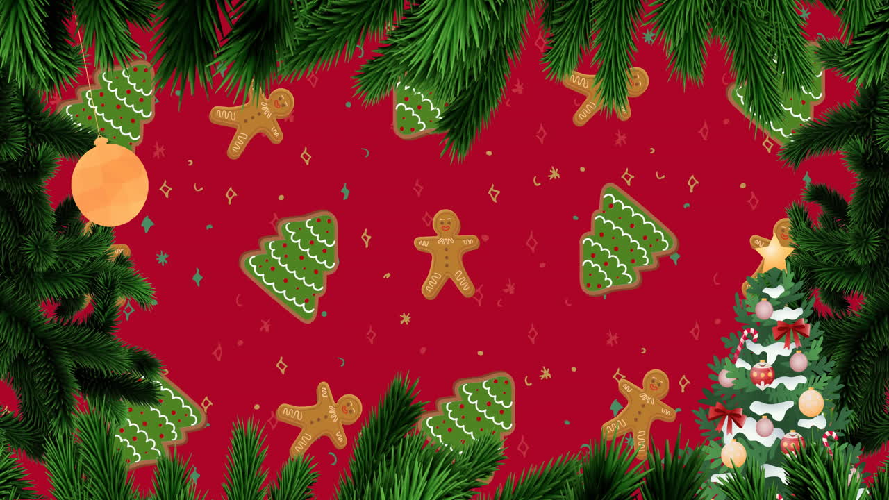 Christmas cookies and tree branches over festive animation on red background