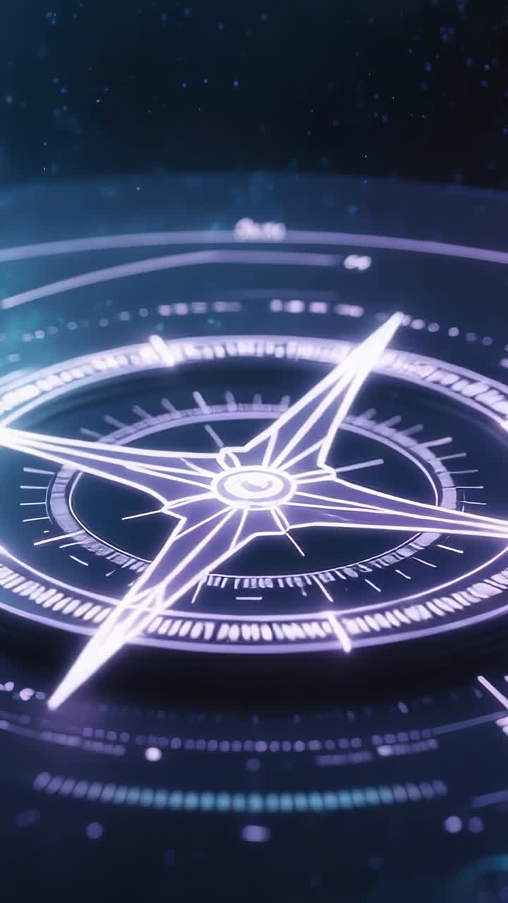Vertical video: Emerging compass rose rotating pointer amid rings in void, with drifting particles