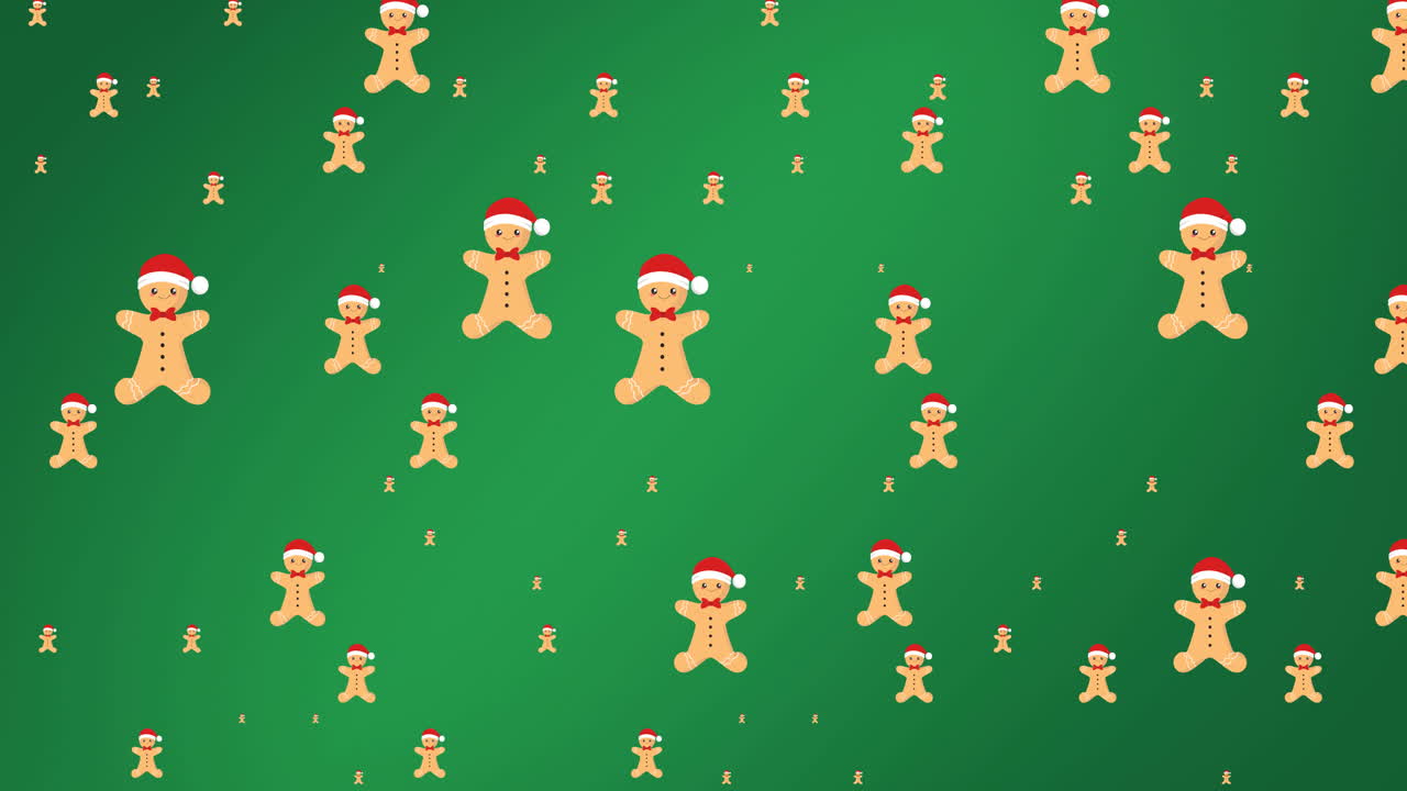Animación de hombres de jengibre cayendo sobre fondo verde
