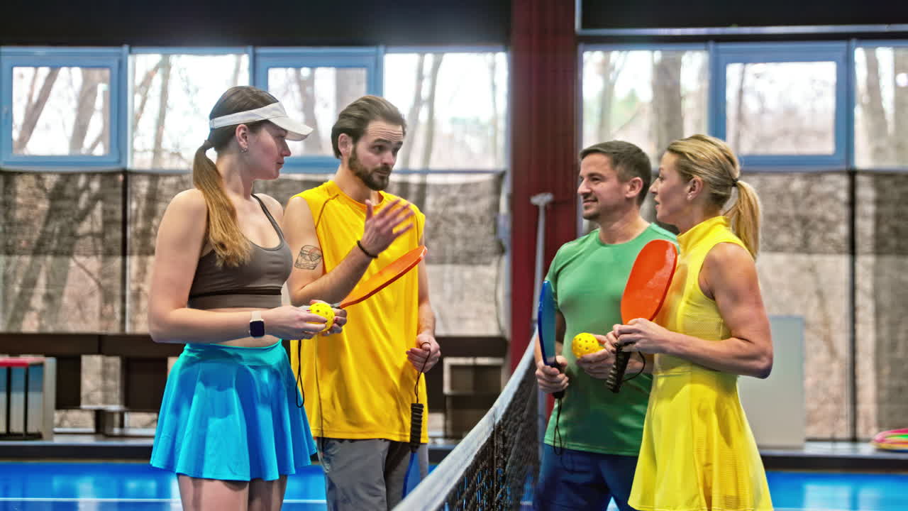 Two men and two women high-fiving after playing pickleball on a blue, inside court