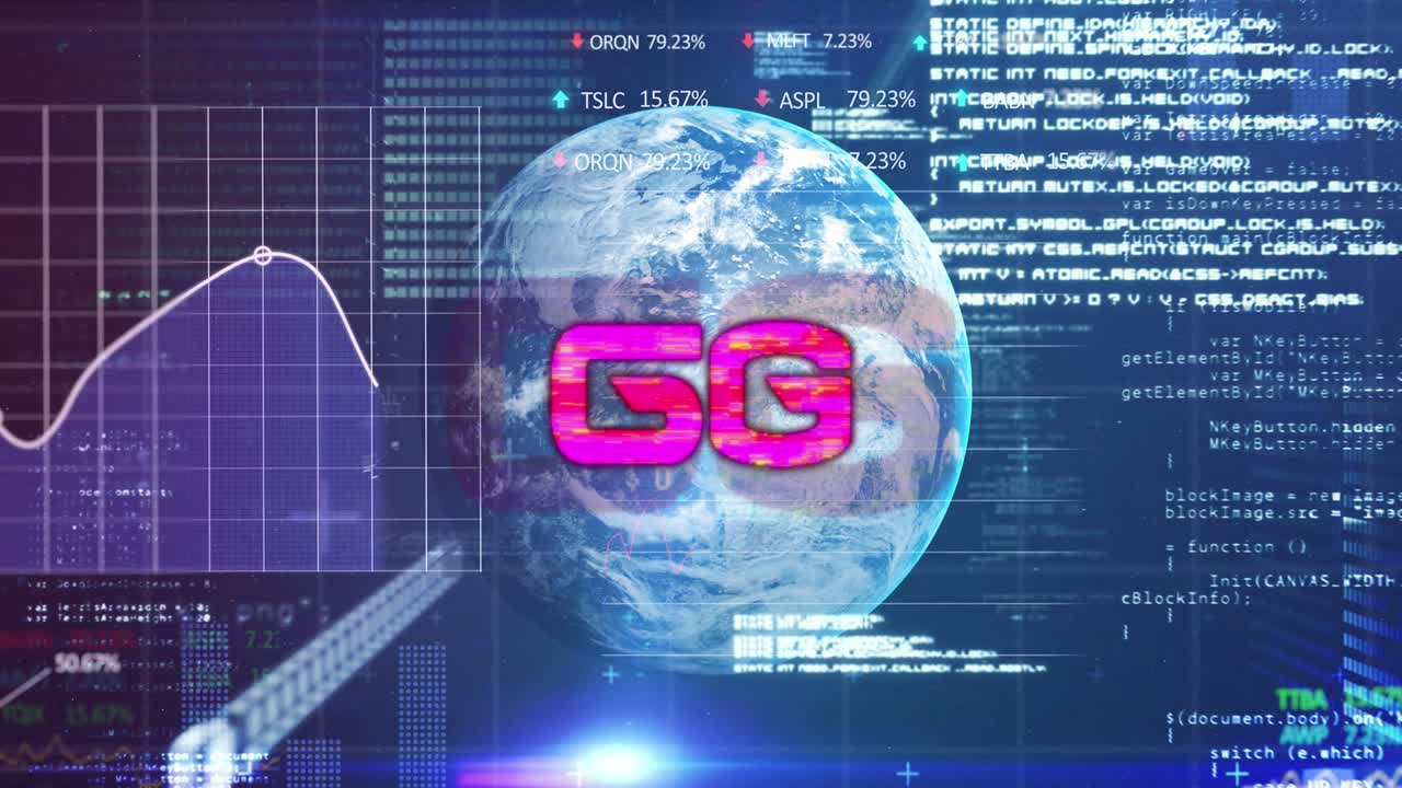 animación de texto de 6g, escaneo de alcance sobre el globo y procesamiento de datos