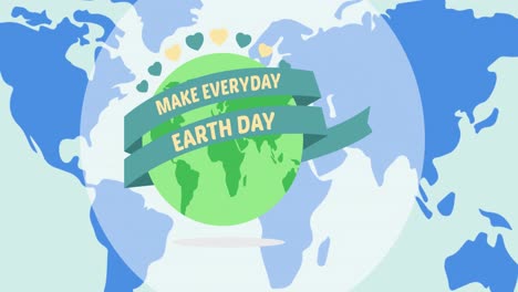 Animation-of-earth-day-text-and-green-globe-logo-over-blue-world-map