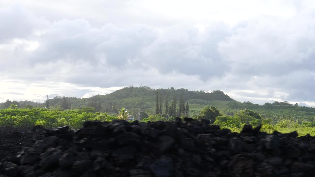 amplio plano de establecimiento de la isla grande de hawaii con roca de lava endurecida y jungla boscosa verde en un día nublado pero soleado