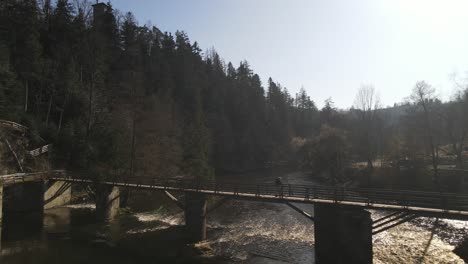 hiker walking over a bridge with river in a forest setting