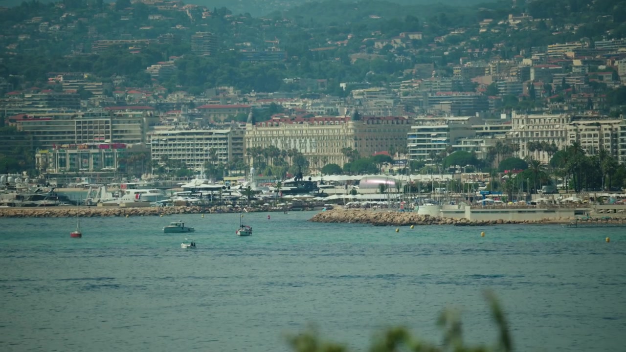 Skyline della città di Cannes con yacht nel porto, palme e hotel lungo la costa della Costa Azzurra, Cannes, Francia