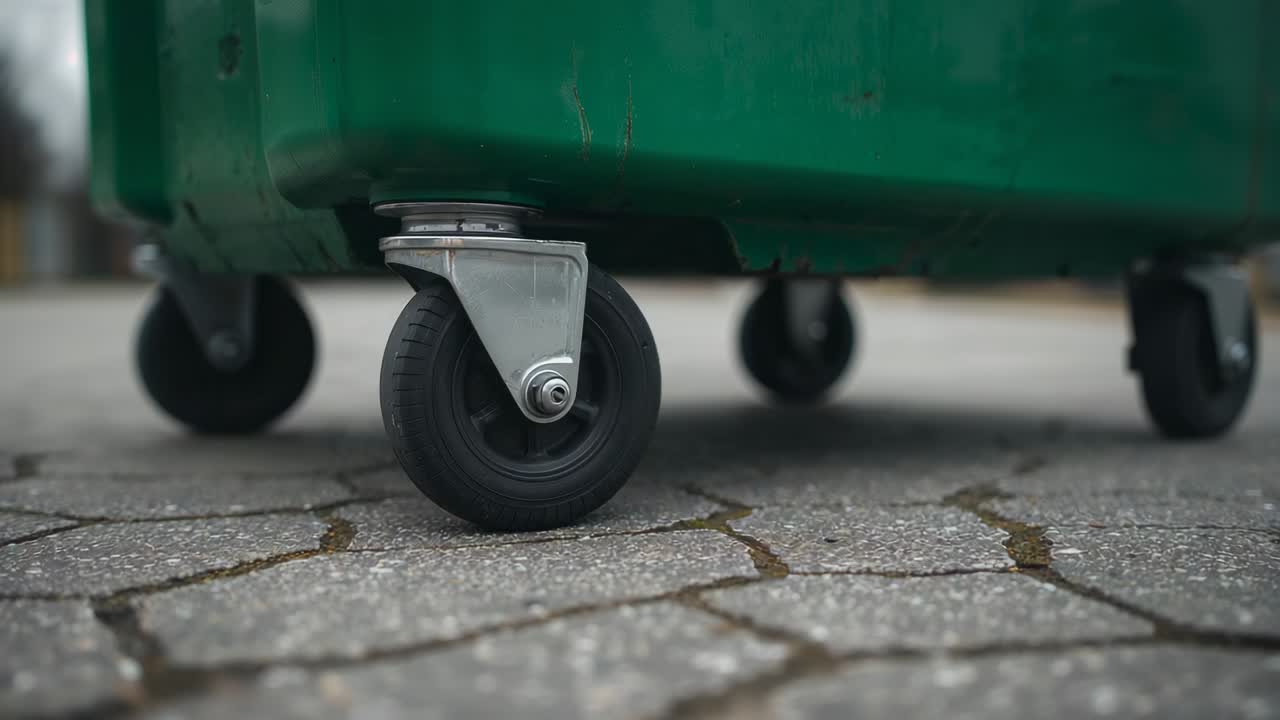 Rullende grøn affaldscontainer på hjul, der skubbes hen over et flisebelagt serviceområde, der viser hjulene