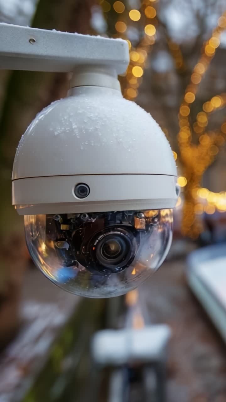 A close-up view of a snow-covered surveillance camera, capturing the serene winter atmosphere with glowing lights in the background for enhanced security monitoring