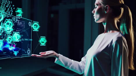 woman interacting with futuristic holographic data display