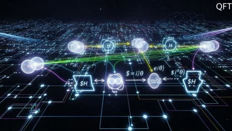 a stunning visualization of quantum field theory dynamics, showcasing particle interactions and quantum state transformations in a high-dimensional space
