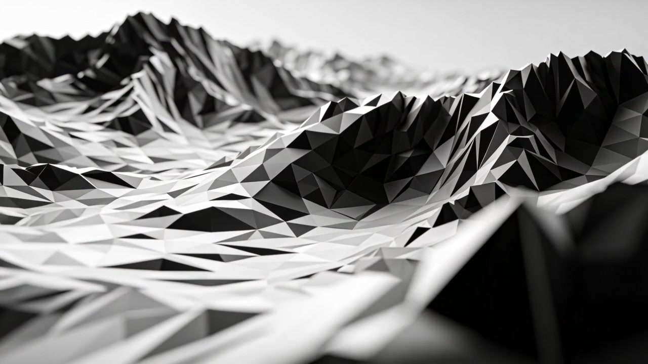 Tracking camera revealing low-poly terrain mesh in grayscale, emphasizing ridges, facets, shadows