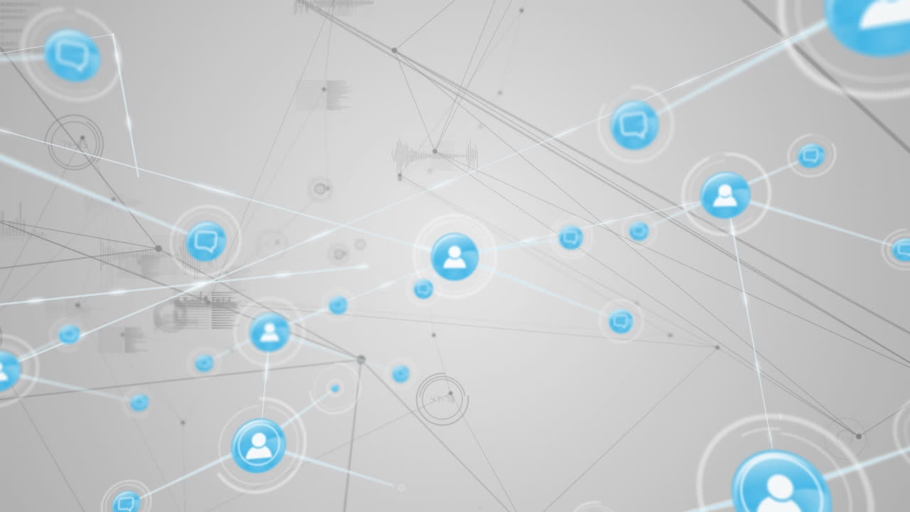 Animation of networks of connections with icons on white background
