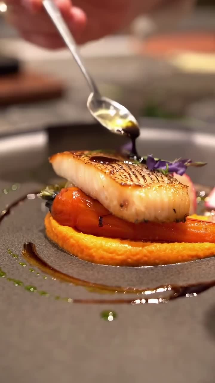 Close-up video of a chef plating gourmet food, showcasing precision and artistry