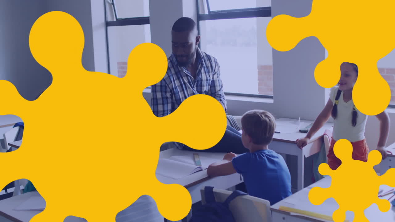 Teacher interacting with students in classroom over yellow splash animation