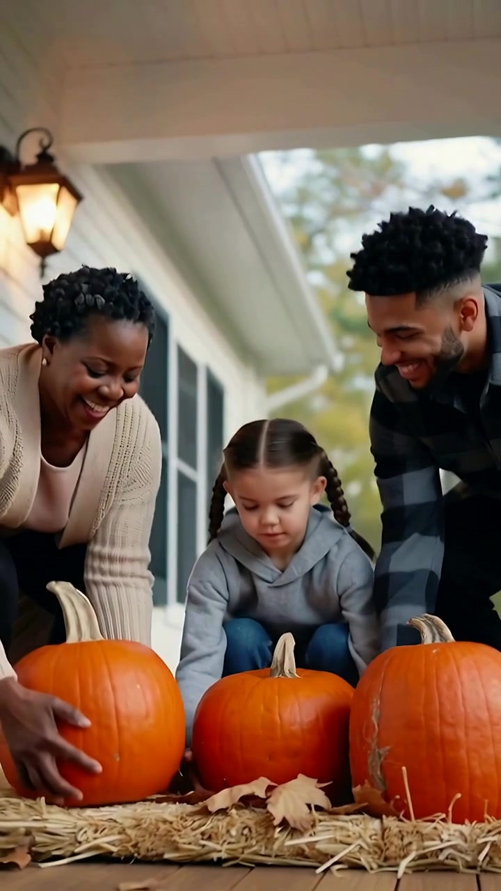 Video verticale: Famiglia che avanza posizionando zucche sul fieno del portico, creando un allestimento autunnale.