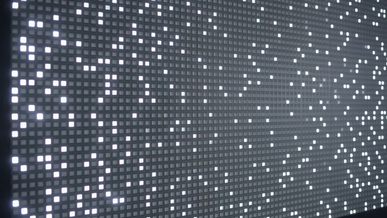 Running program animating LED panel, shifting white pixels across grid in dim gallery, starfield