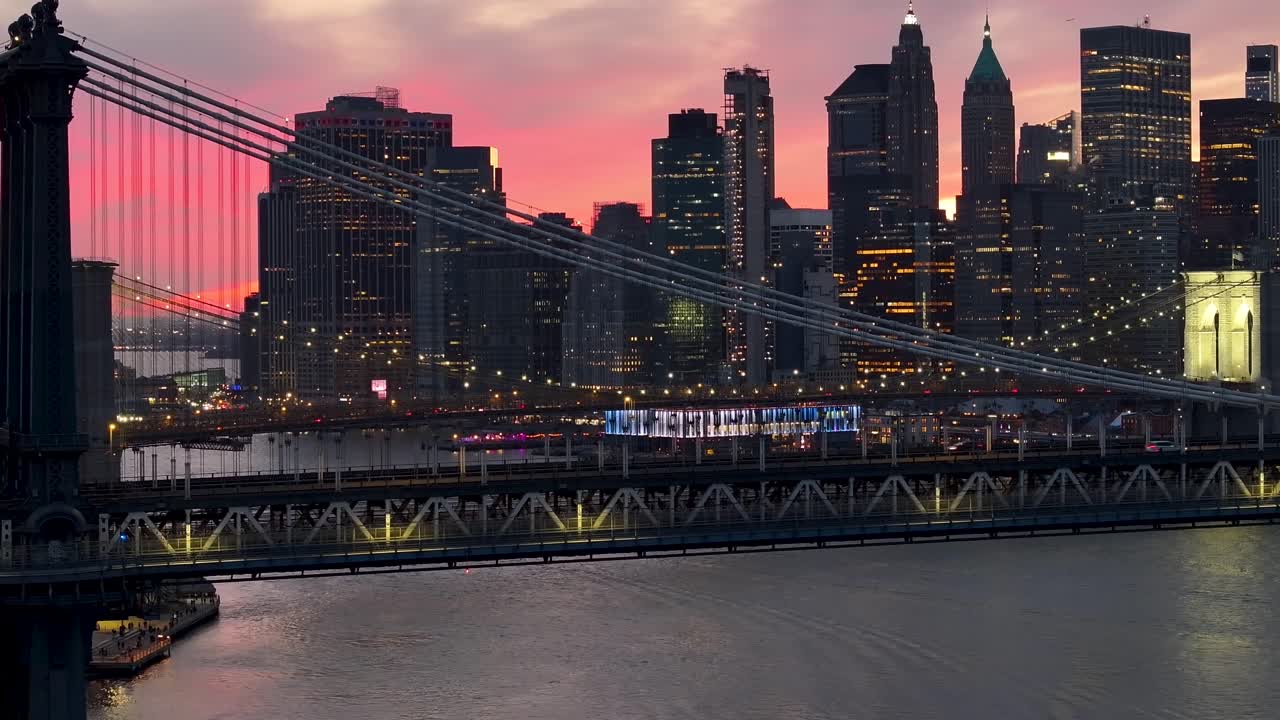 Brooklyn Bridge At Manhattan In New York United States. Highrise Buildings Landscape. Colorful Sunset. Brooklyn Bridge At New York United States. Stunning Cityscape.