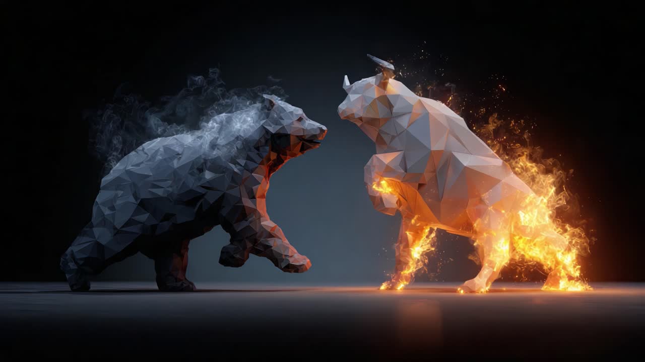 A Spectacular Showcase of a Polygonal Bear and Bull Engagement, Capturing the Intense Contrast of Fire and Smoke in Digital Artistry