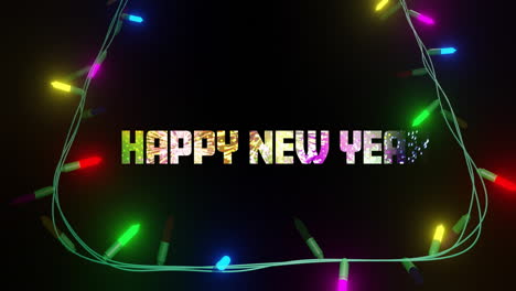 Animation-of-happy-new-year-text-and-fairy-lights-on-black-background