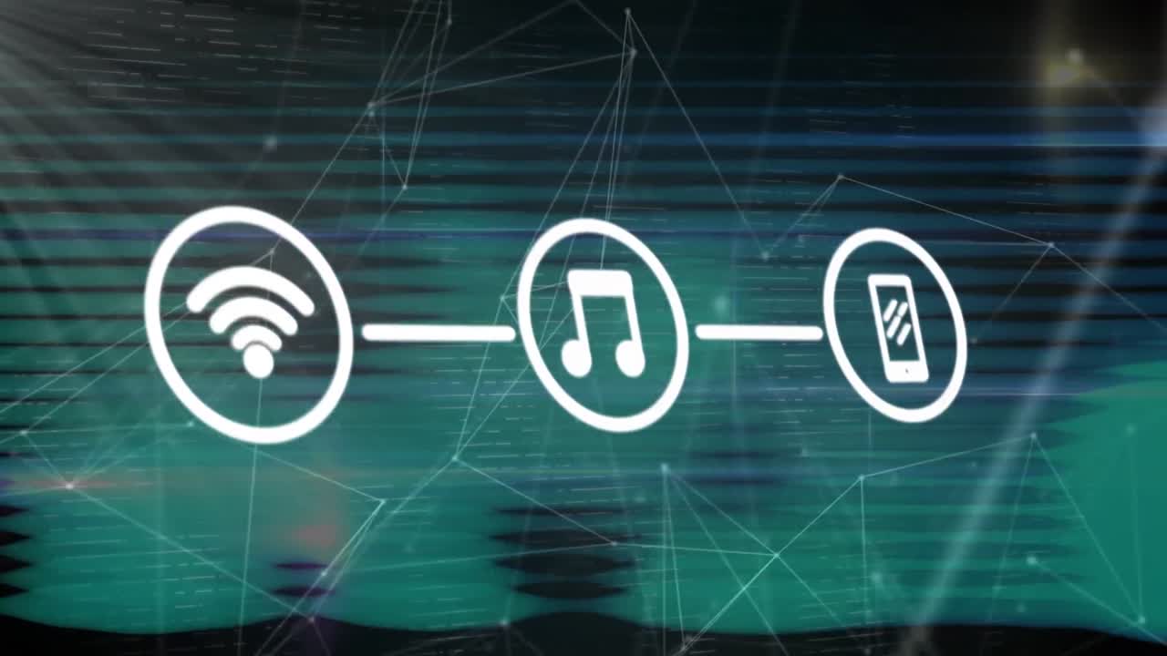 Animazione di rete di connessioni con icone e interferenza su sfondo nero